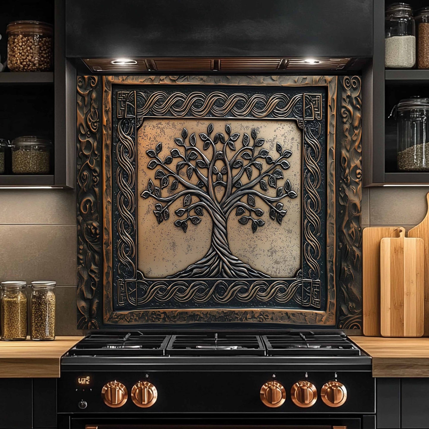 Decorative wall art with a tree design above a stove in a kitchen setting.