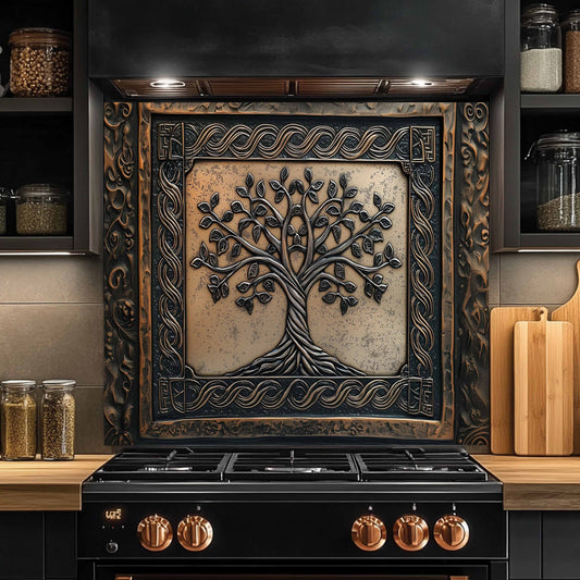 Decorative wall art with a tree design above a stove in a kitchen setting.