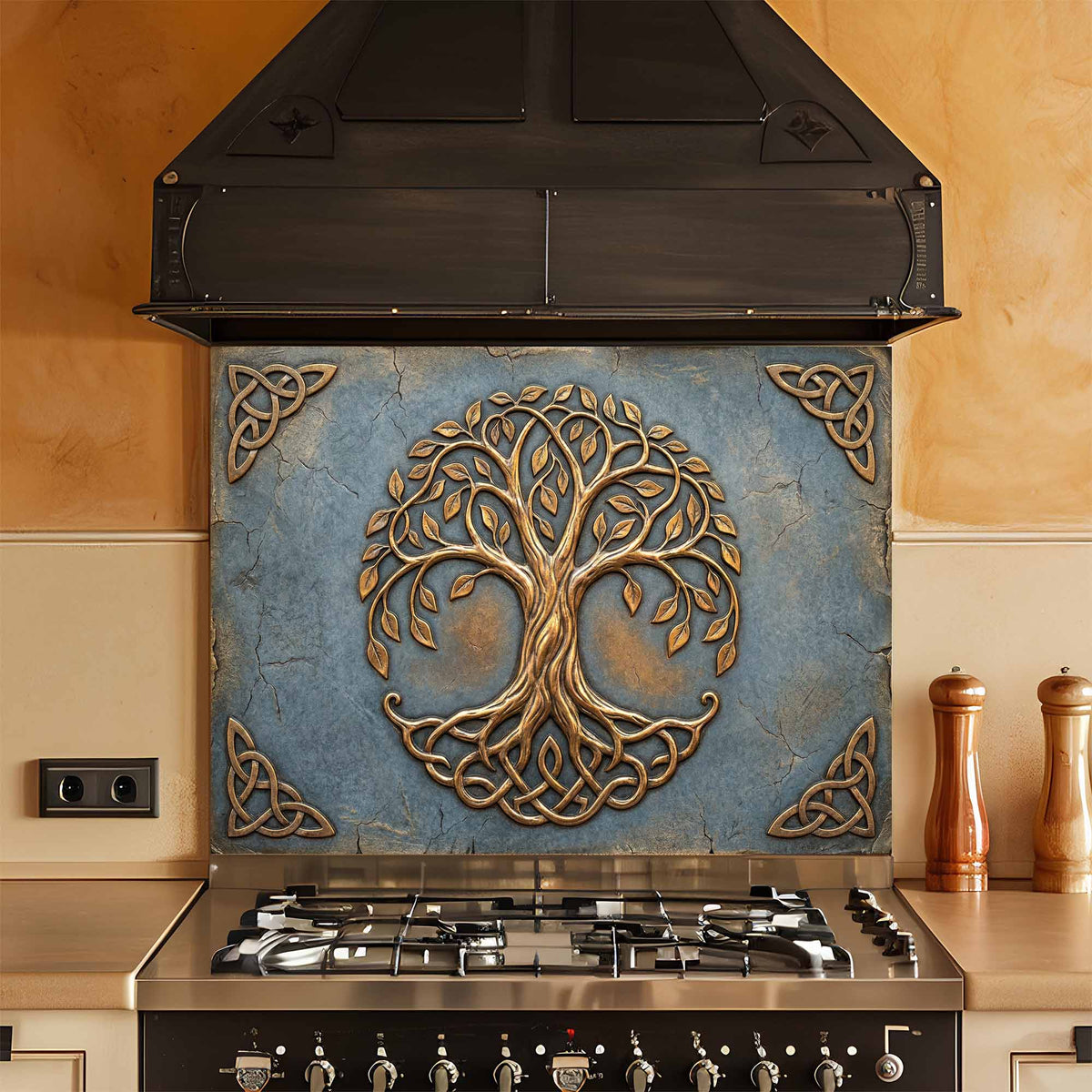 Decorative glass backsplash with tree of life design above a stove in a kitchen.