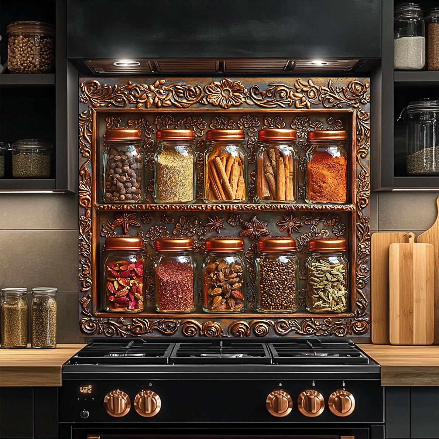 Decorative spice rack design glass backsplash above a stove with various jars of spices.