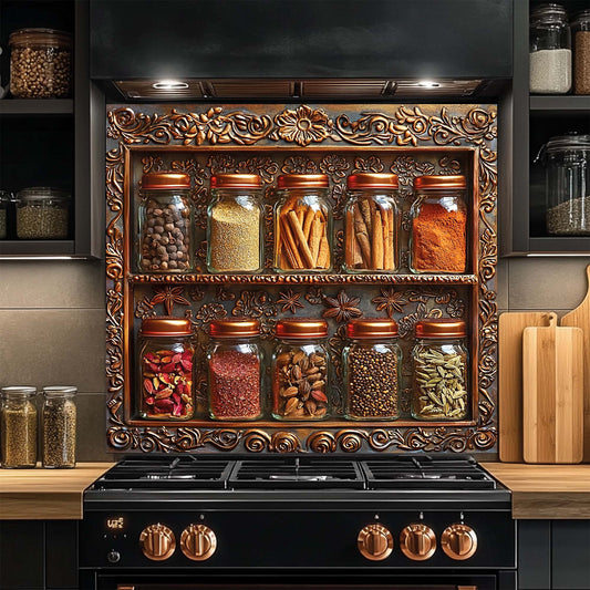 Decorative spice rack design glass backsplash above a stove with various jars of spices.