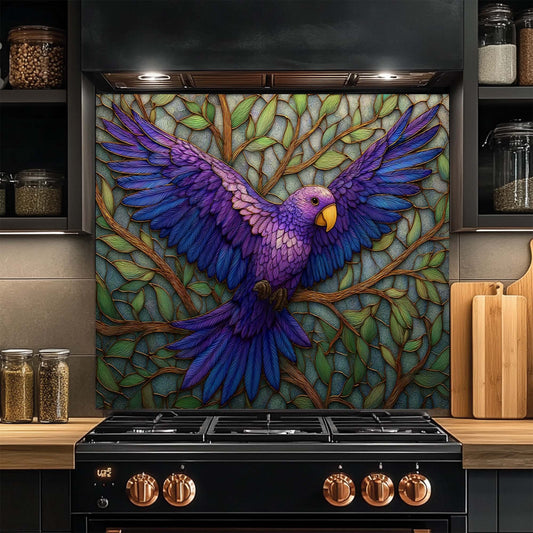 Decorative glass backsplash of a colorful parrot on a kitchen stove