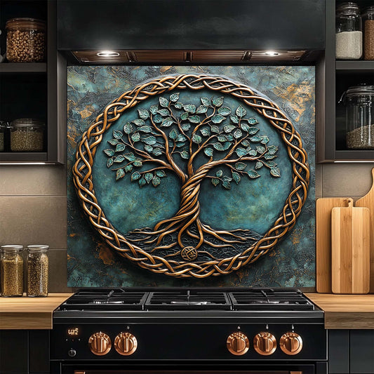 Decorative glass backsplash with a tree design above a stove in a kitchen setting.