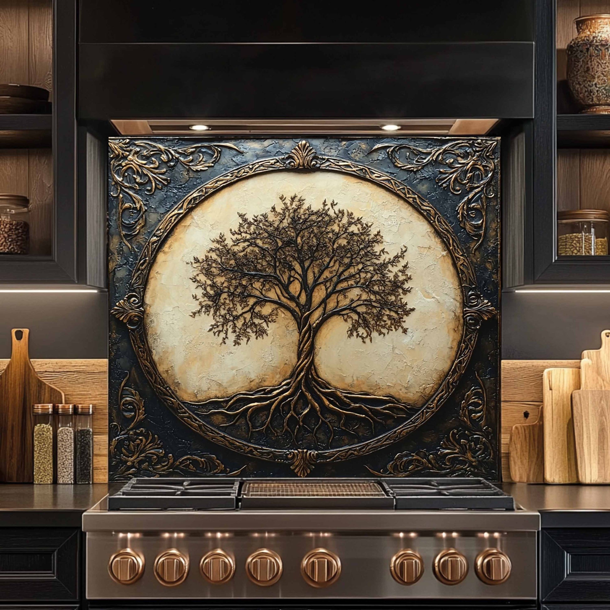 Decorative stove backsplash with tree design in a kitchen setting