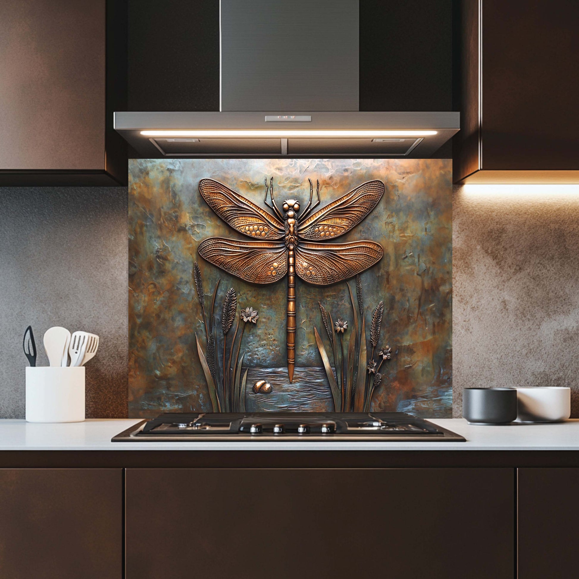 Kitchen with a decorative glass splashback featuring a dragonfly design.