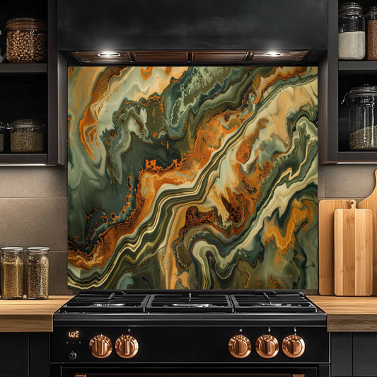 Modern kitchen with a black stove and abstract green and orange backsplash.