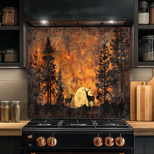 Black stove with a decorative glass backsplash featuring a forest scene with deer.