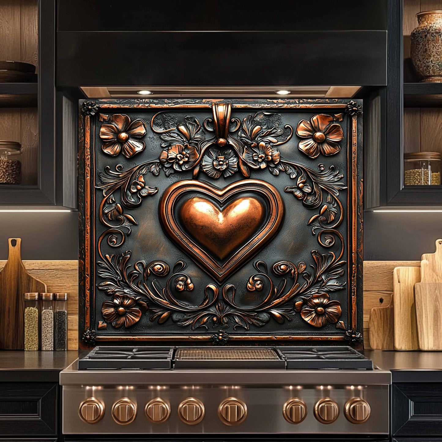 Decorative stove glass backsplash with a heart design in a kitchen setting