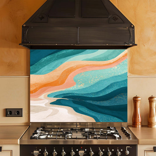 Kitchen stove with a colorful abstract design on the glass backsplash