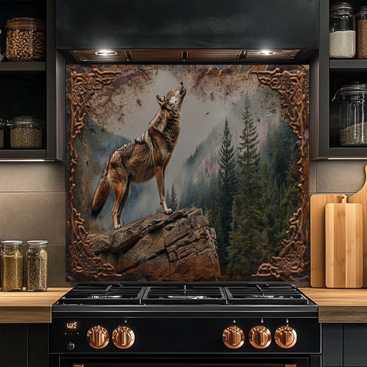 Kitchen stove with a wolf painting on the glass backsplash