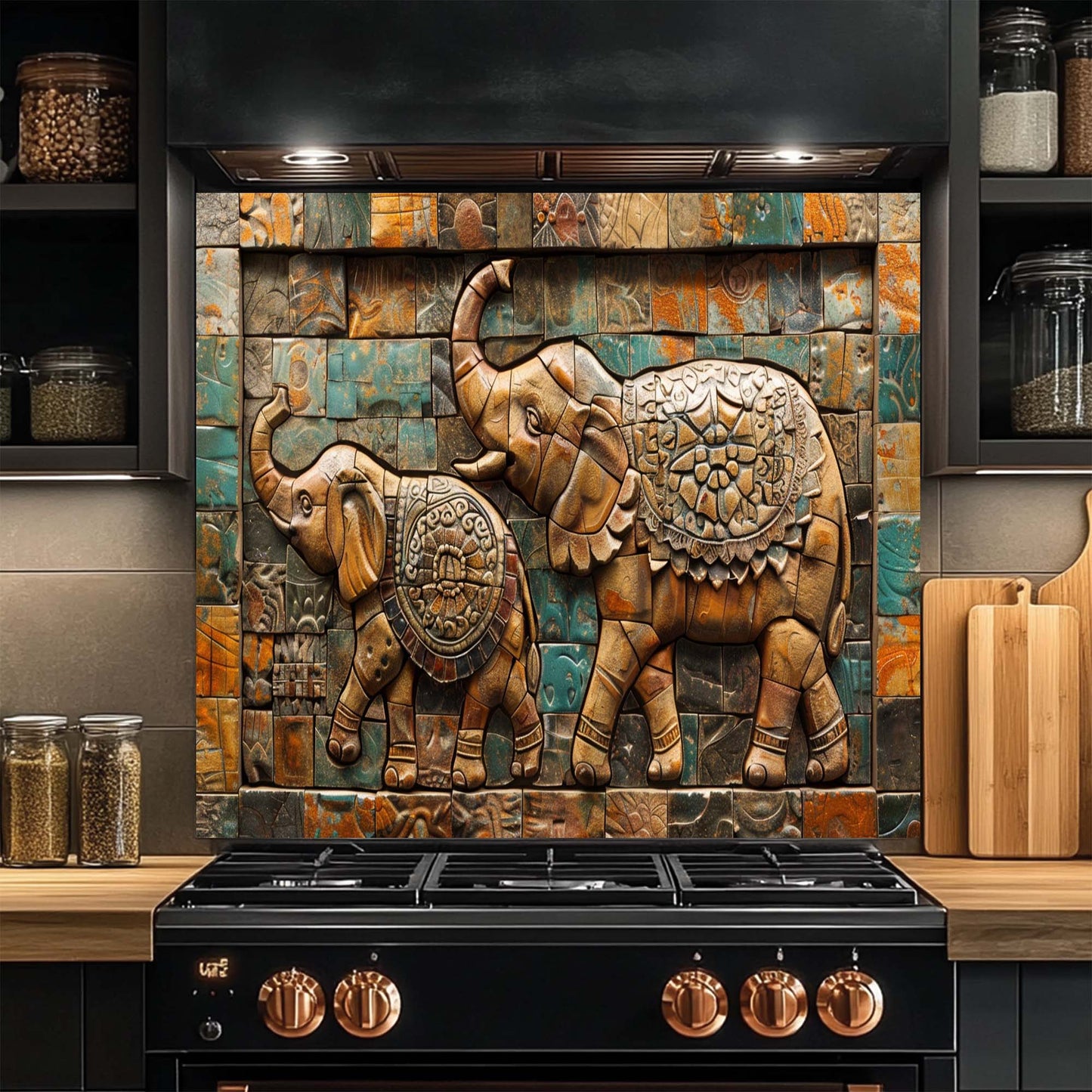 Decorative glass backsplash with elephant design above a stove in a kitchen.