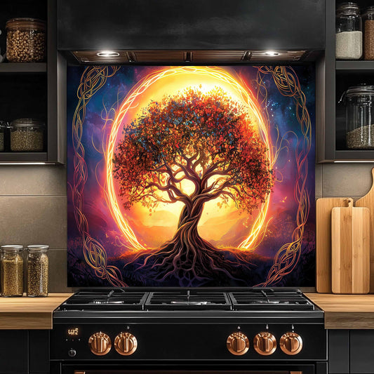 Decorative wall mural with a tree of life design glass backsplash above a black stove in a kitchen.