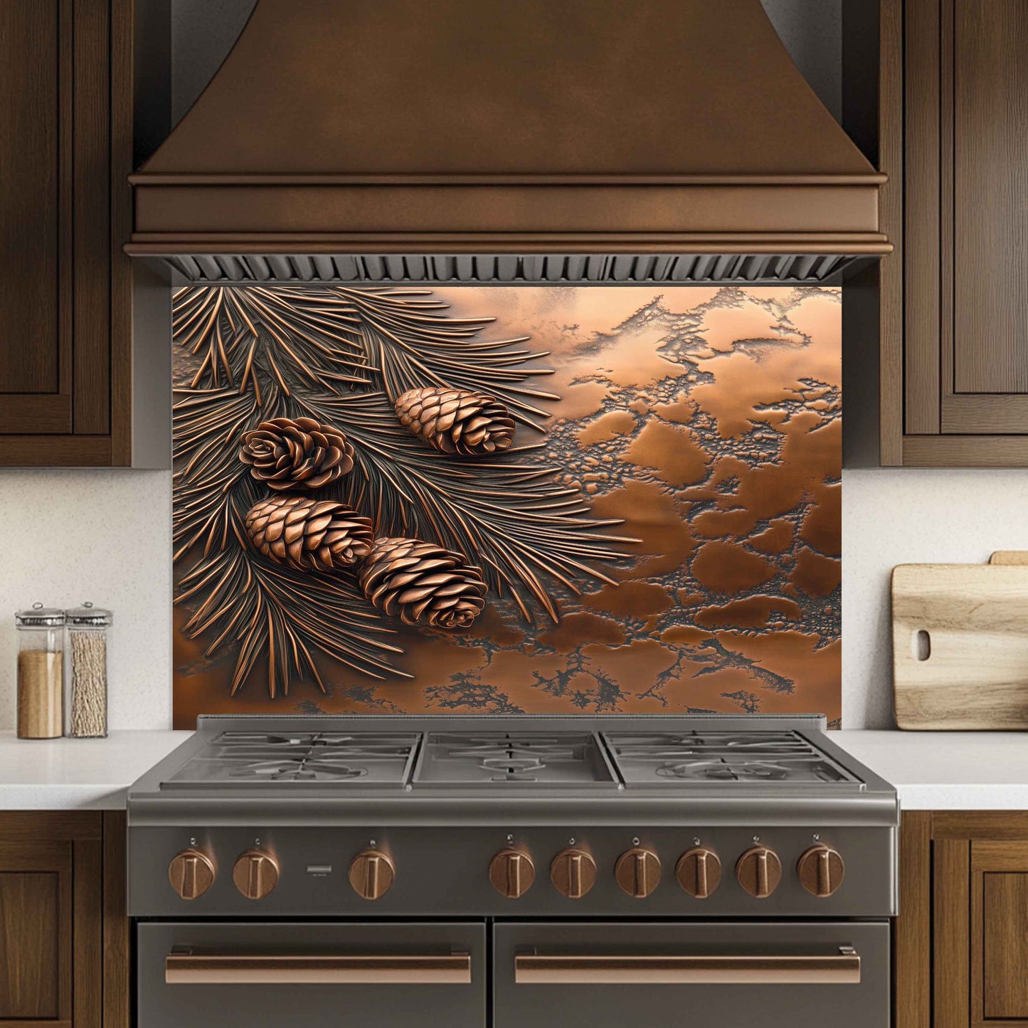 Stove with decorative copper look backsplash featuring pinecones and leaves