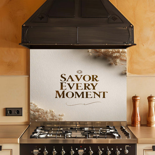 Kitchen stove with decorative glass backsplash featuring 'Savor Every Moment' text