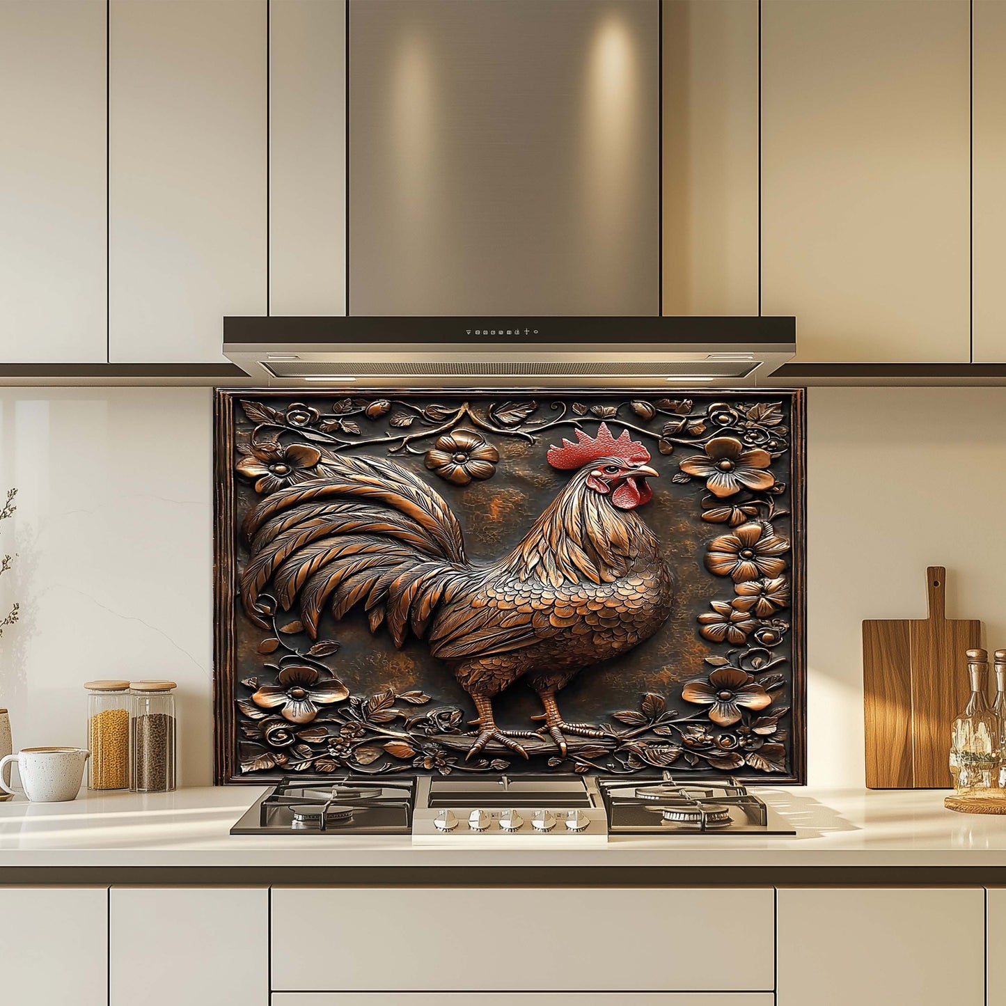 Tempered glass backsplash of a rooster in a modern kitchen setting