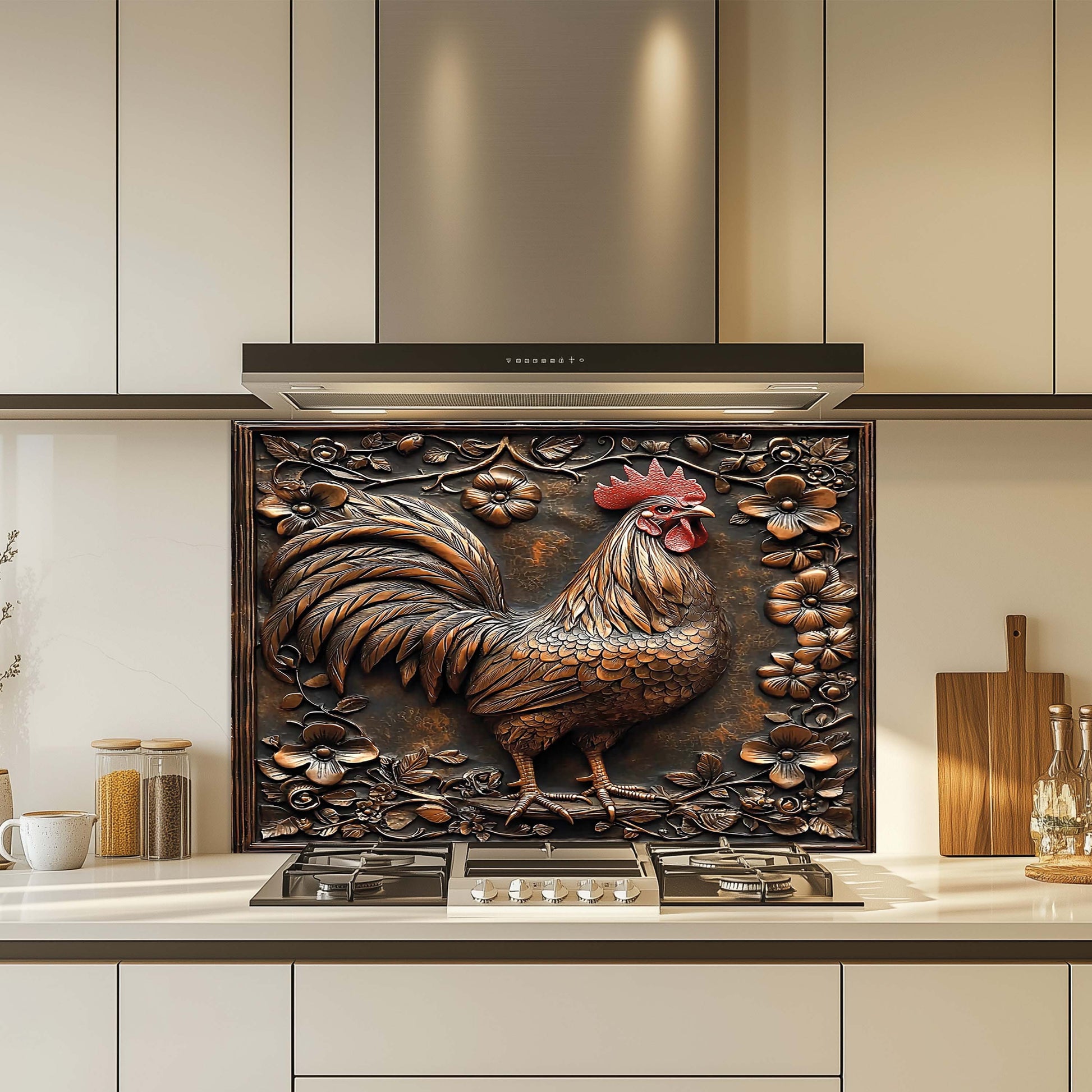 Tempered glass backsplash of a rooster in a modern kitchen setting