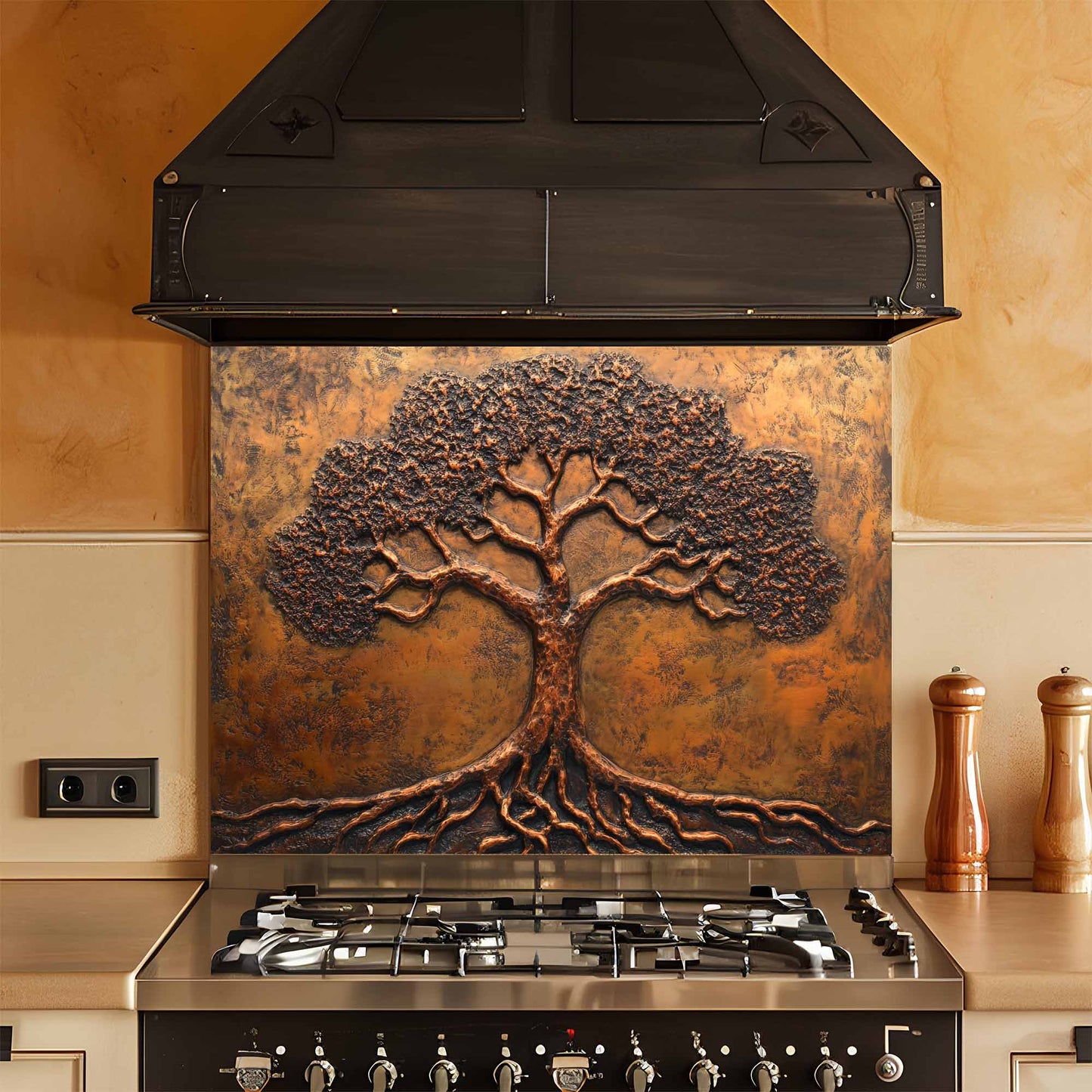 Stainless steel stove with decorative copper tree glass backsplash in a kitchen setting