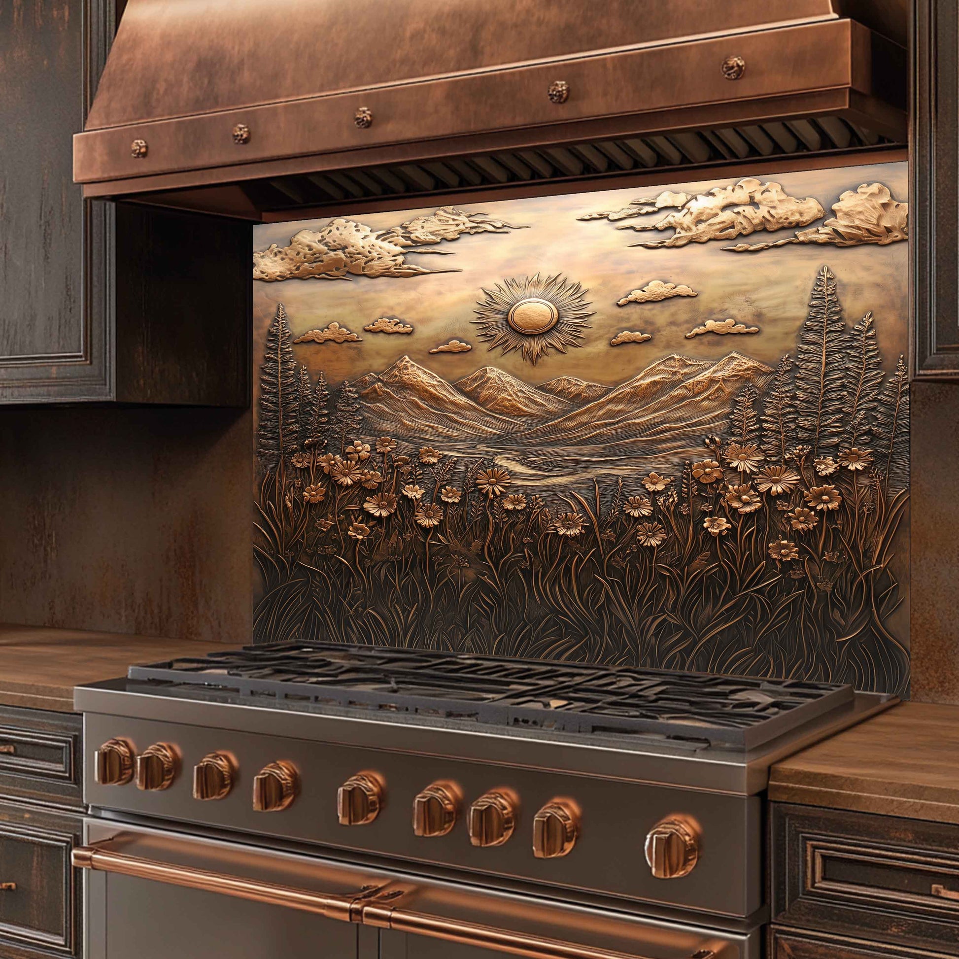 Decorative stove with mountain and landscape design on the back, featuring copper accents.