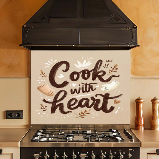 Kitchen stove with 'Cook with heart' decorative glass backsplash