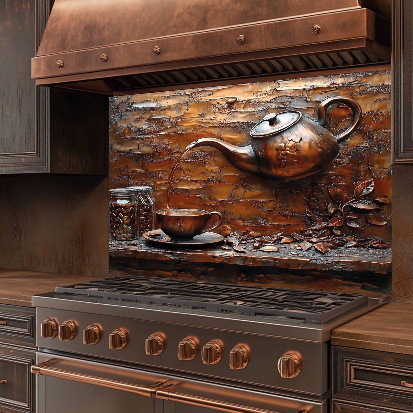 Stainless steel stove with copper accents and decorative backsplash featuring a teapot and cup.