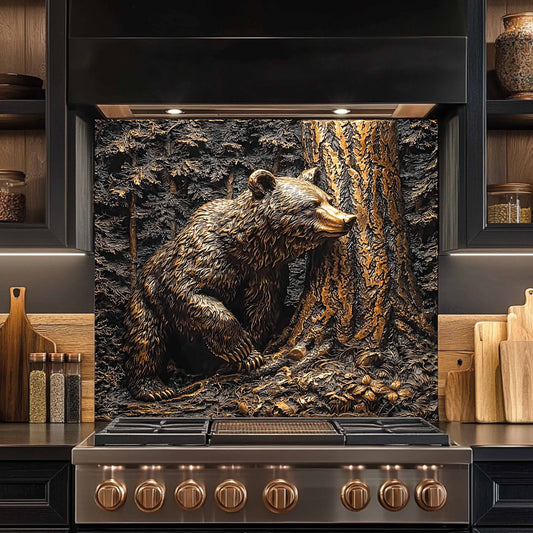 Stainless steel stove with bear and forest design on the back splash