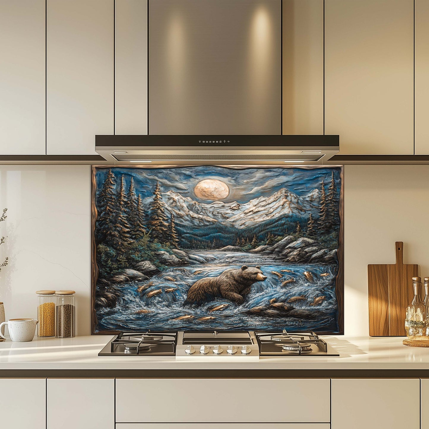 Kitchen with a tempered glass backsplash featuring a bear and nature scene above a stove.