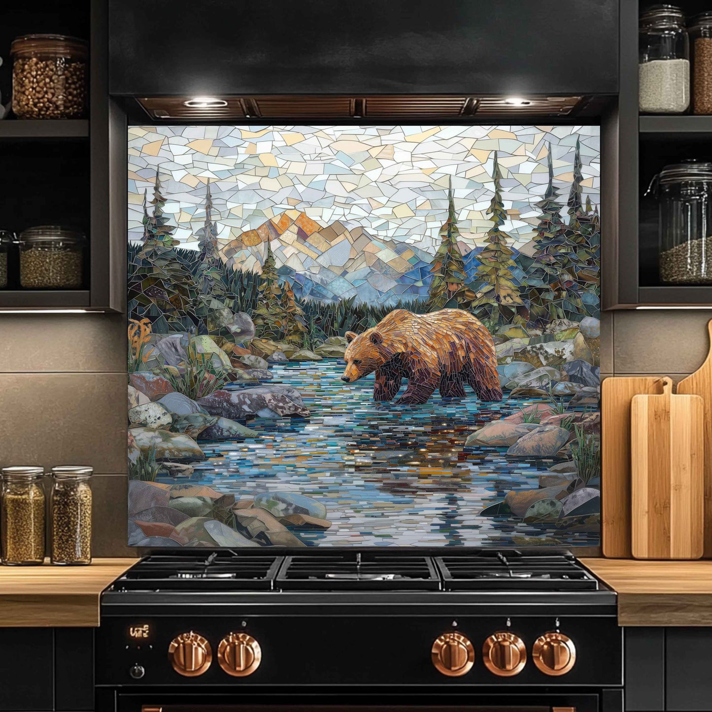 Kitchen with a decorative backsplash featuring a bear and mountain scene.