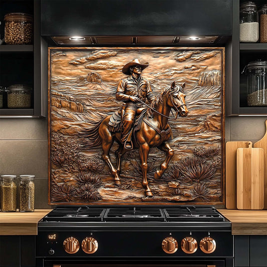 Copper-toned tempered glass backsplash with cowboy riding horse in desert canyon landscape