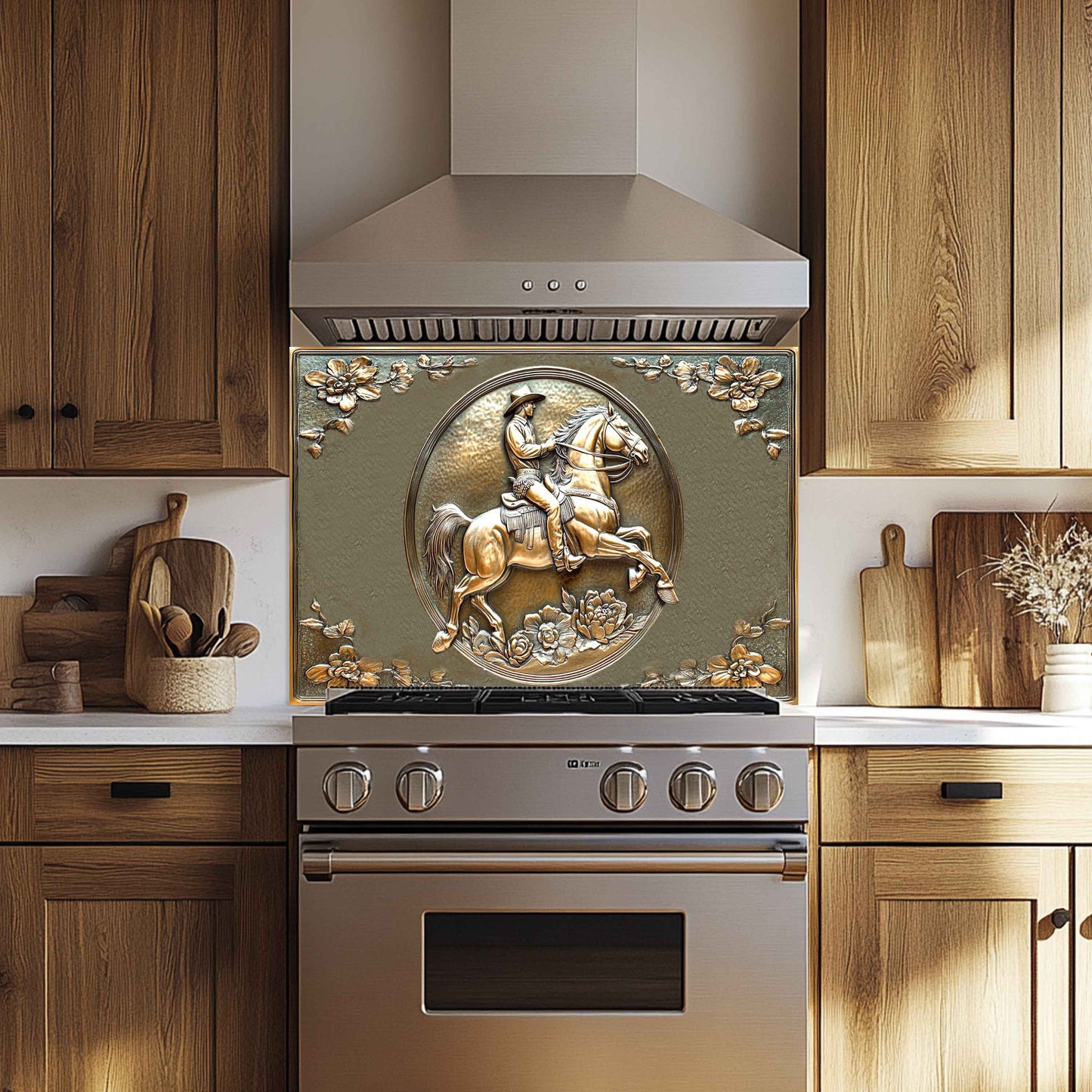 Decorative backsplash with a horse and rider design above a stainless steel oven in a kitchen.