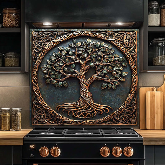 Decorative glass backsplash with a tree design above a stove in a kitchen setting.