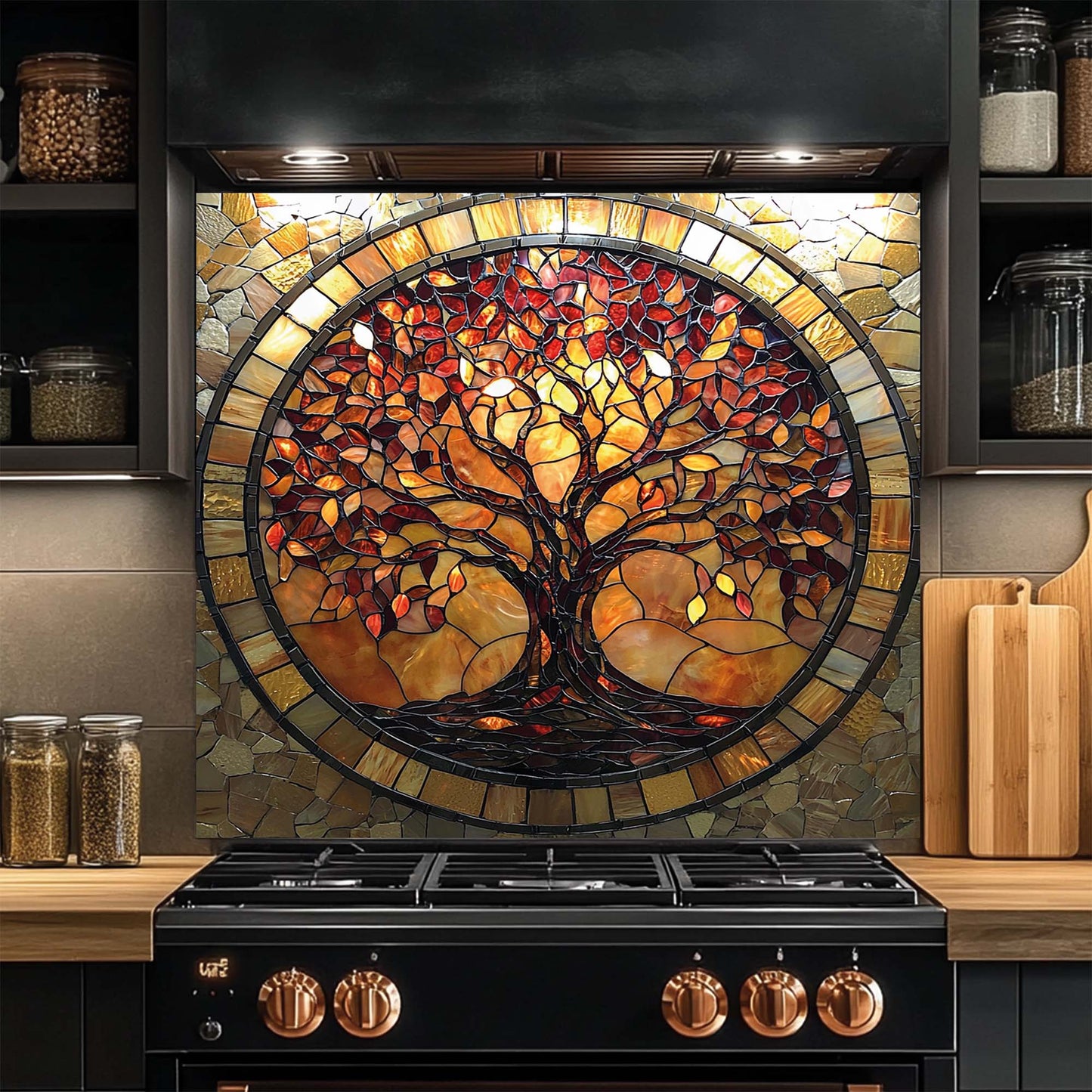 Stained glass tree of life glass backsplash in a kitchen with black stove and wooden cutting board.