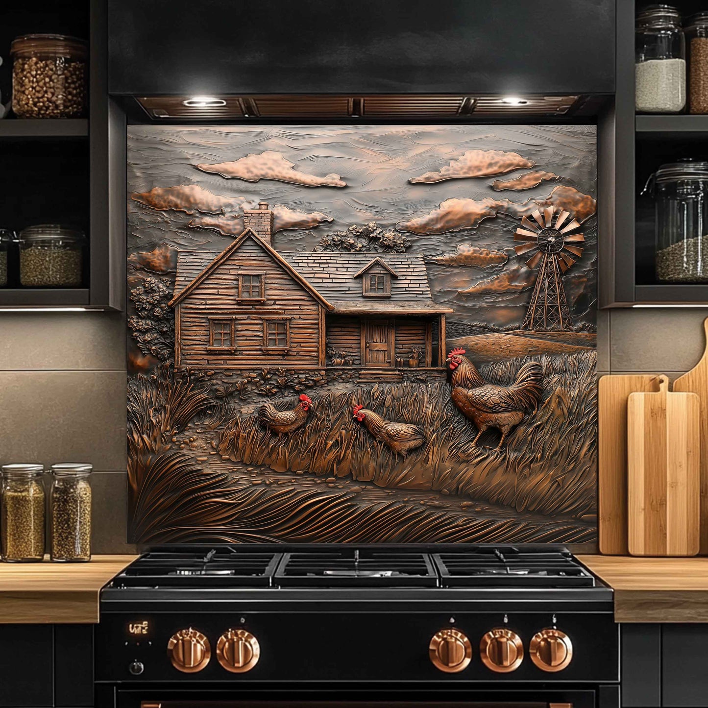 Decorative backsplash with a rustic scene featuring a cabin, chickens, and a windmill above a black stove.