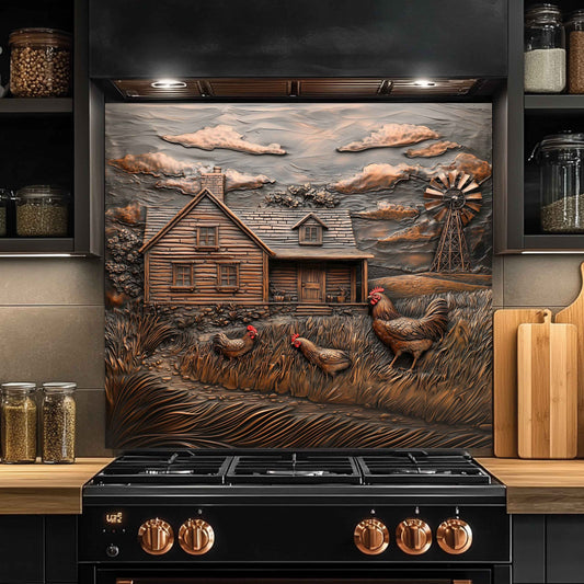 Decorative backsplash with a rustic scene featuring a cabin, chickens, and a windmill above a black stove.