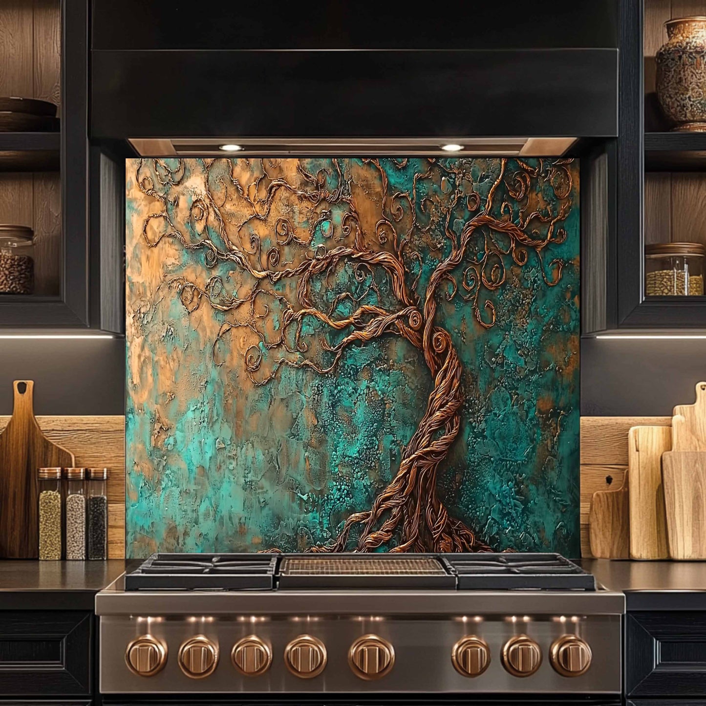 Stainless steel stove with decorative tree backsplash in a kitchen setting