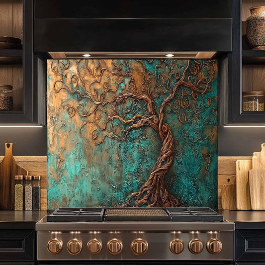 Stainless steel stove with decorative tree backsplash in a kitchen setting