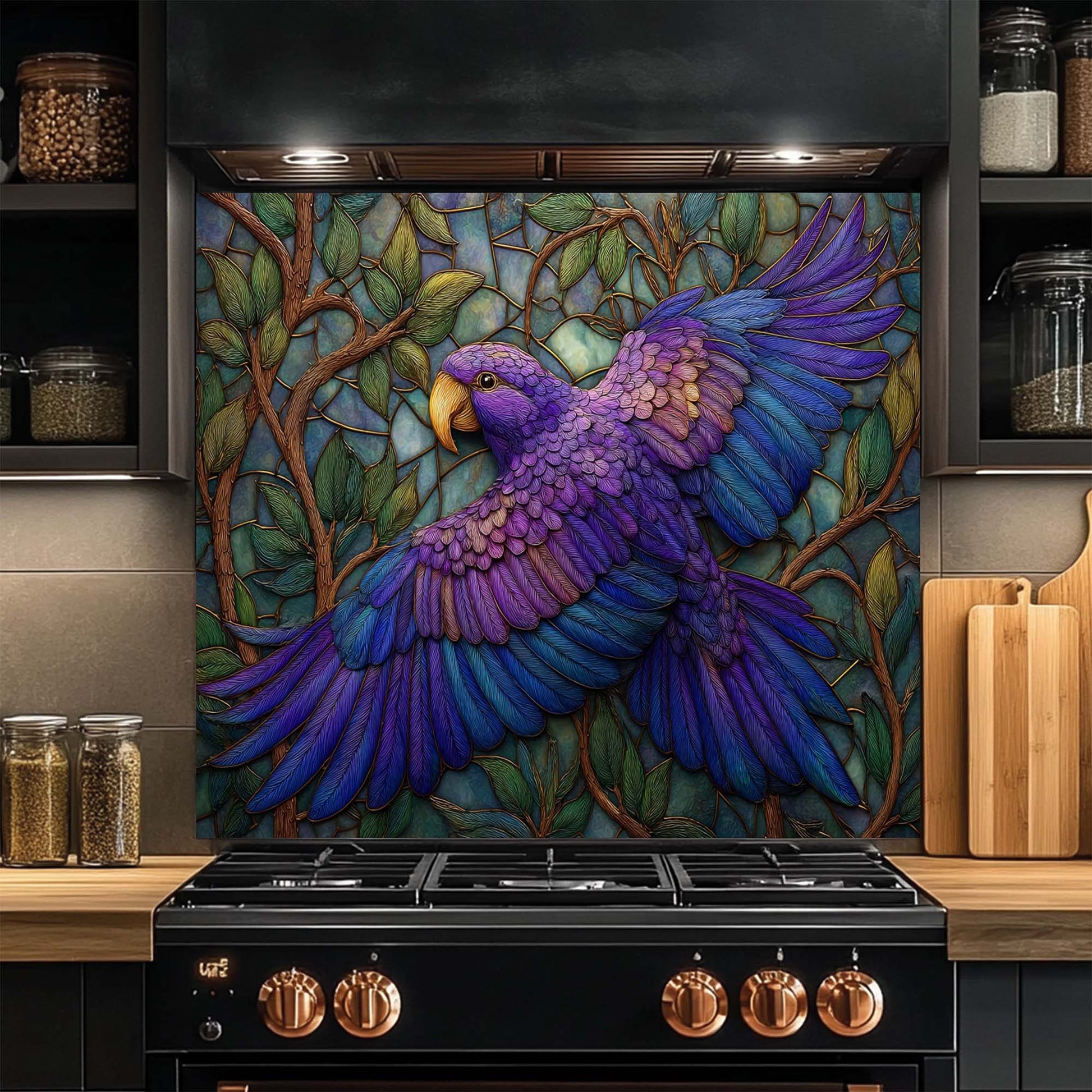 Kitchen with a colorful parrot mural on the glass backsplash above a black stove.