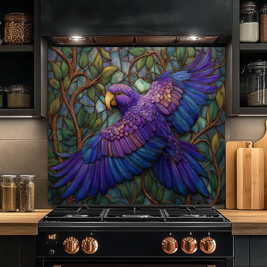 Kitchen with a colorful parrot mural on the glass backsplash above a black stove.