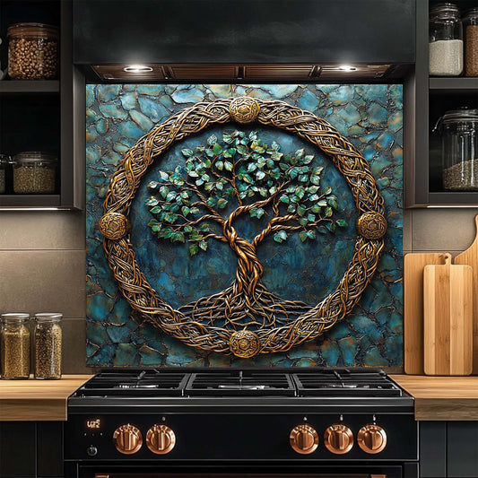 Decorative glass backsplash with tree design above a kitchen stove