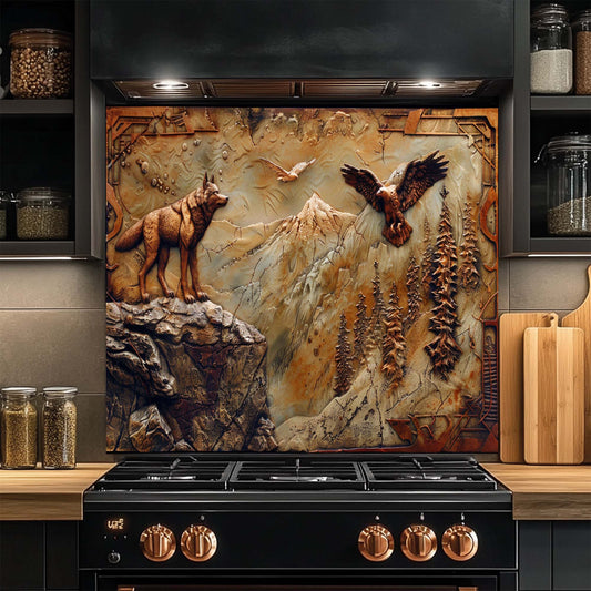 Decorative glass backsplash with a wolf and eagle design in a kitchen setting