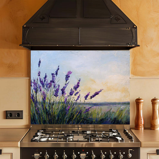 Kitchen stove with a decorative glass splashback featuring a lavender field painting.