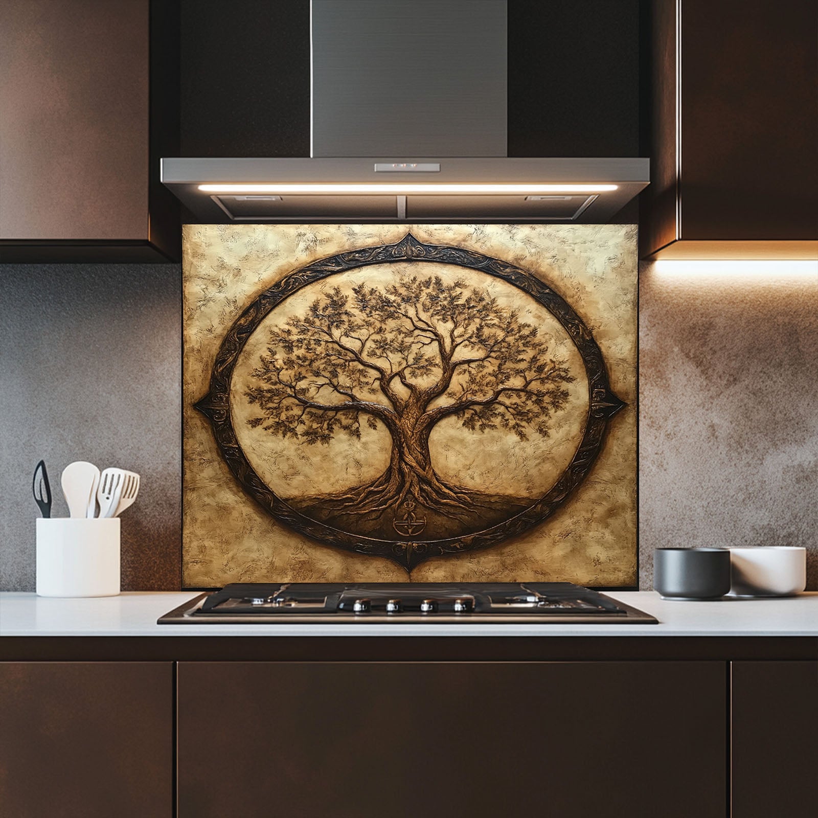 Kitchen with decorative glass backsplash featuring a tree design above a stove.