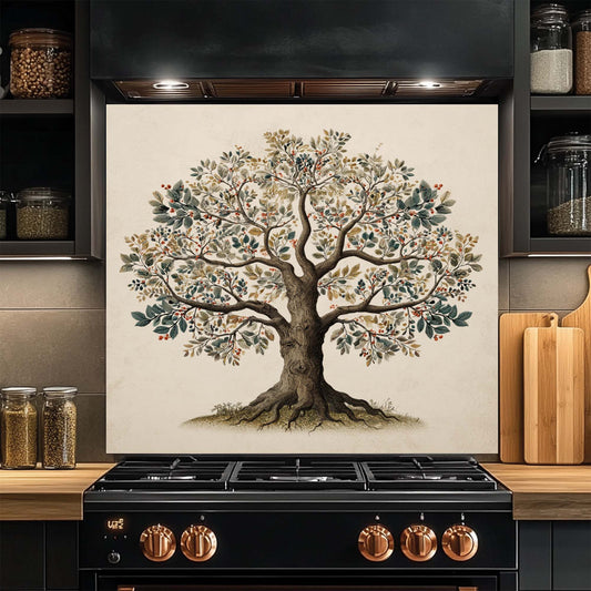 Botanical Tree of Life glass backsplash with soft earthy tones. Elegant and functional stove backsplash.