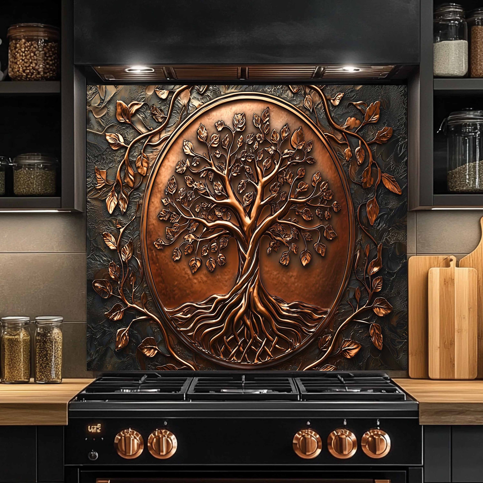 Decorative backsplash of a tree with roots and branches on a kitchen wall above a stove.