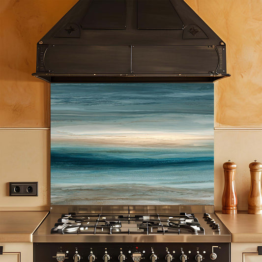 Kitchen with a decorative glass backsplash featuring a beach scene.