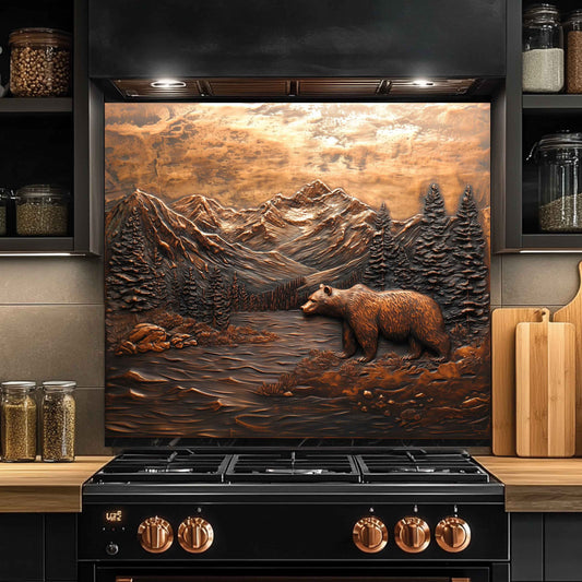 Kitchen stove with a decorative backsplash featuring a bear and mountain landscape.