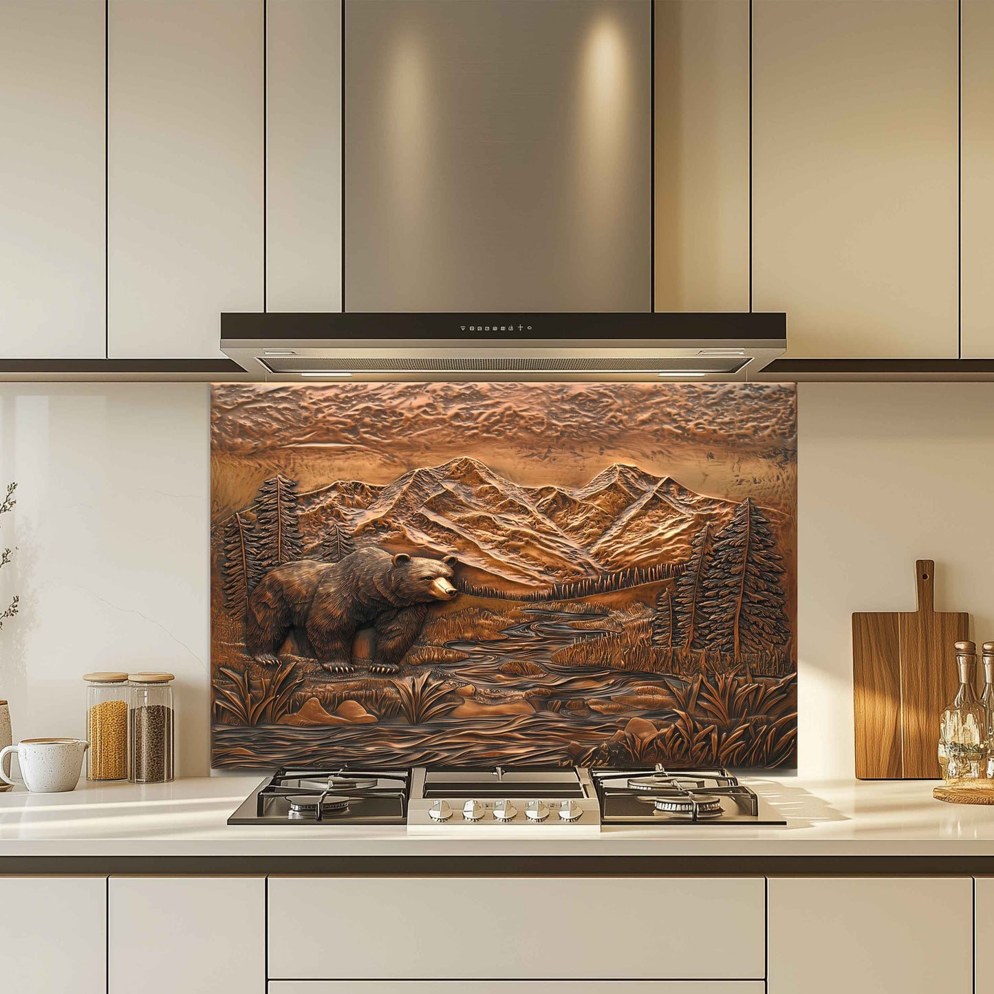 Decorative backsplash with bear and mountain design in a kitchen