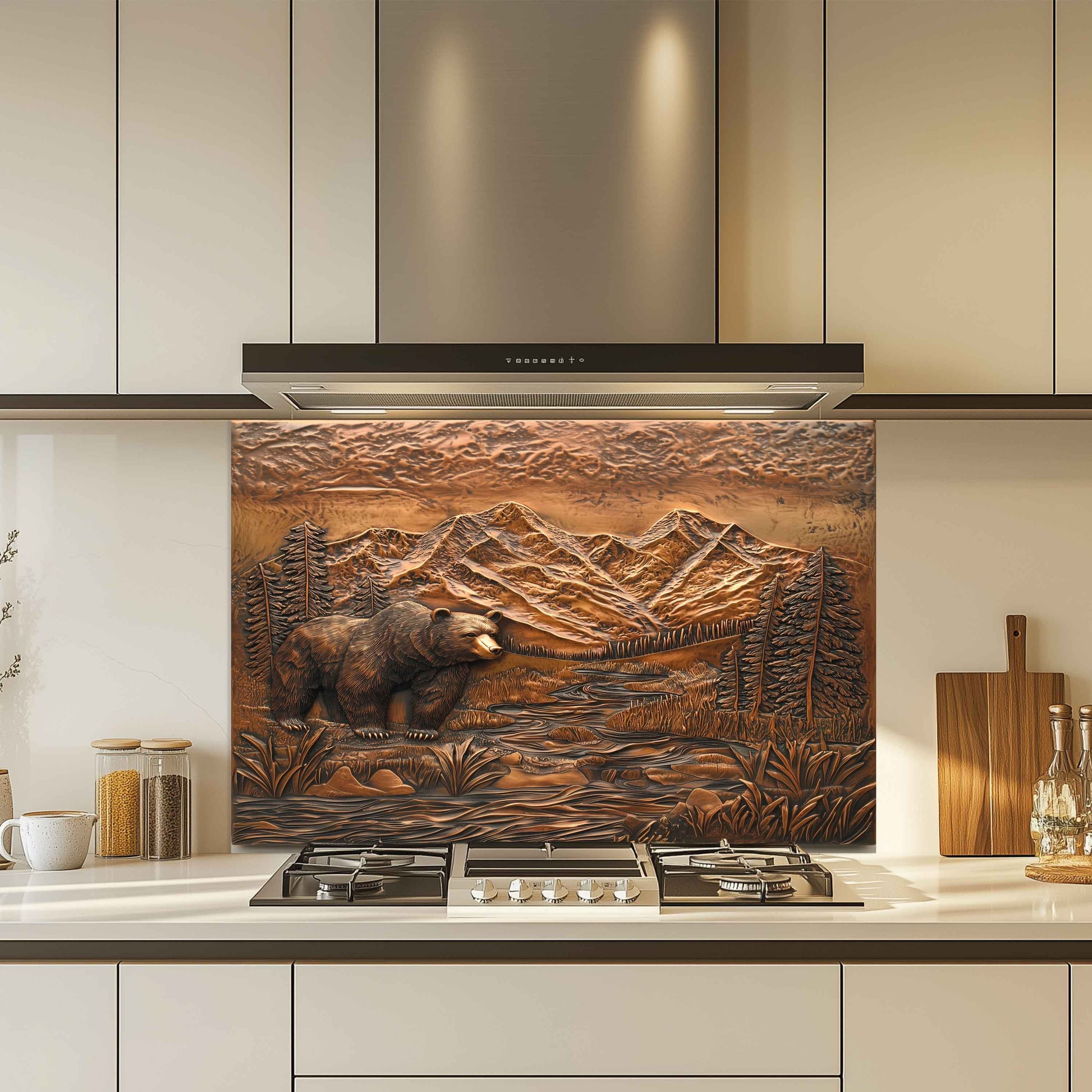 Decorative backsplash with bear and mountain design in a kitchen