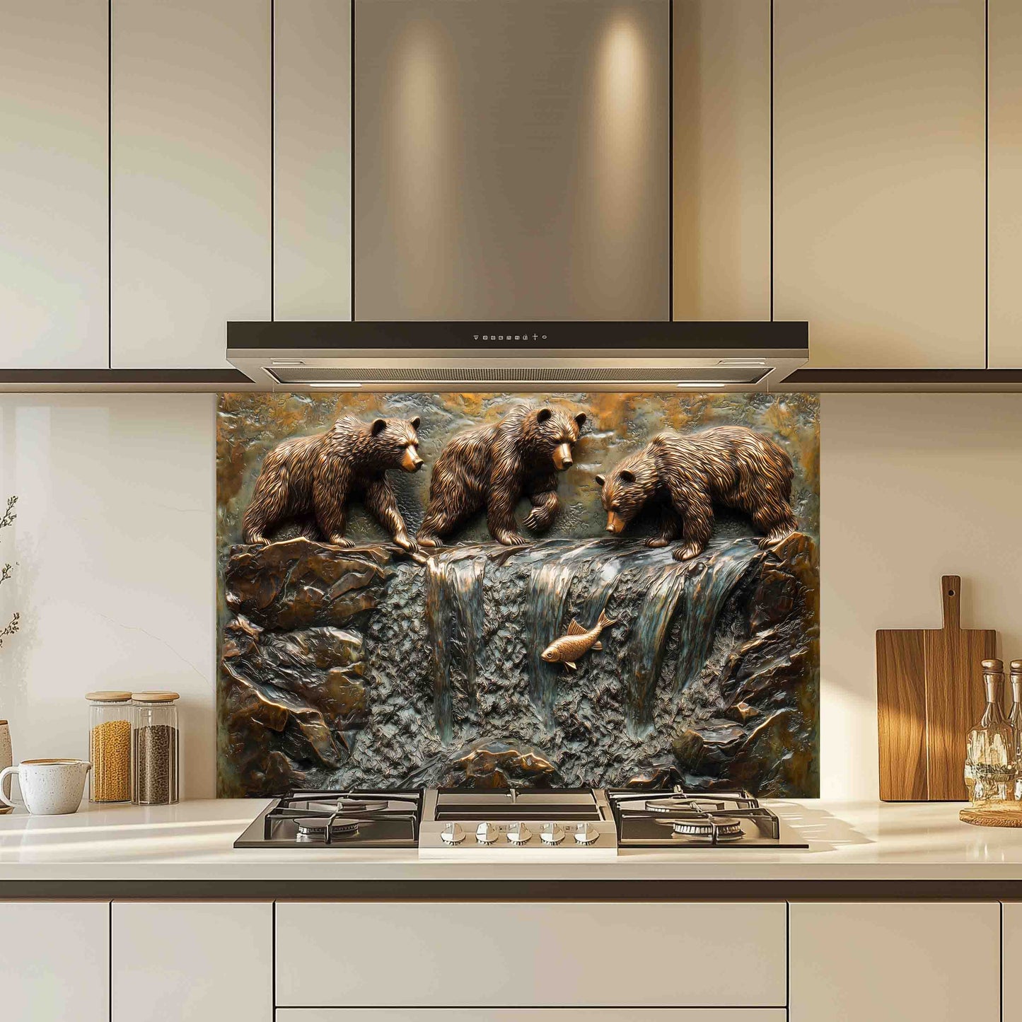 Kitchen with a decorative glass splashback featuring bears and a fish.