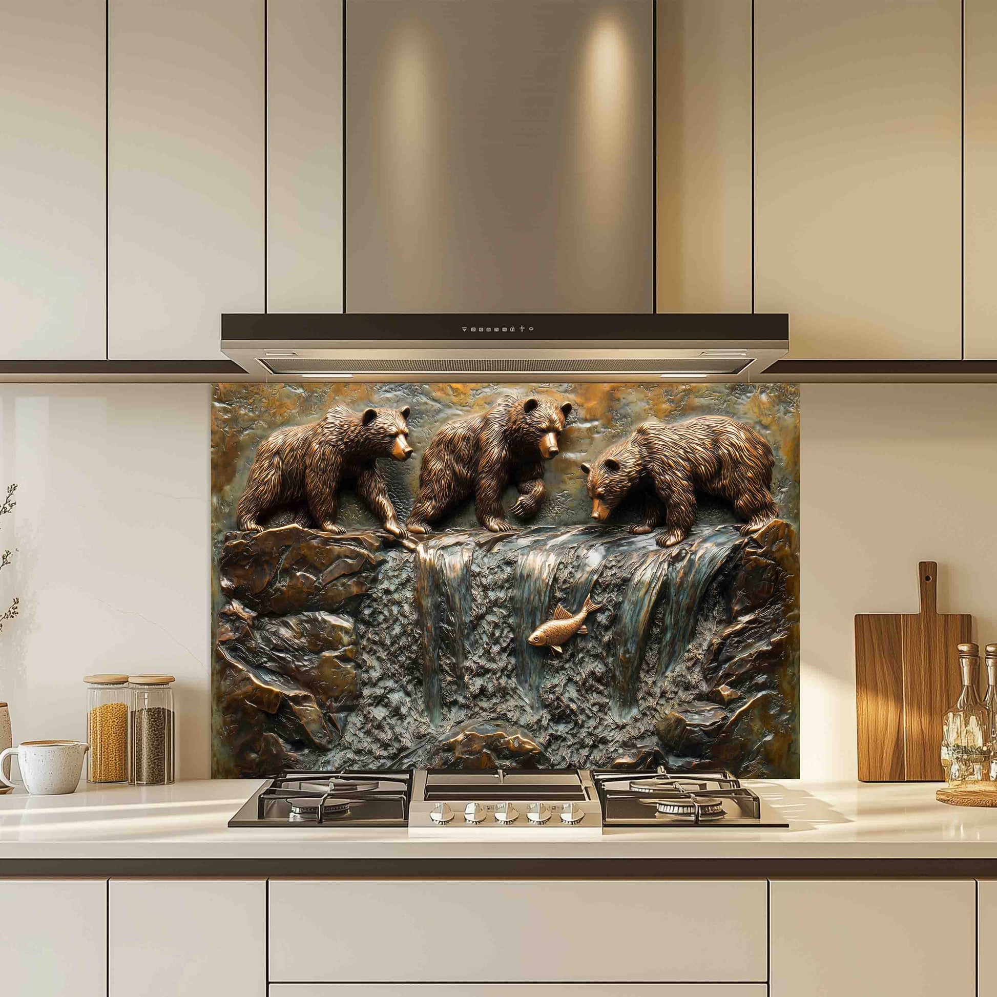 Kitchen with a decorative glass splashback featuring bears and a fish.
