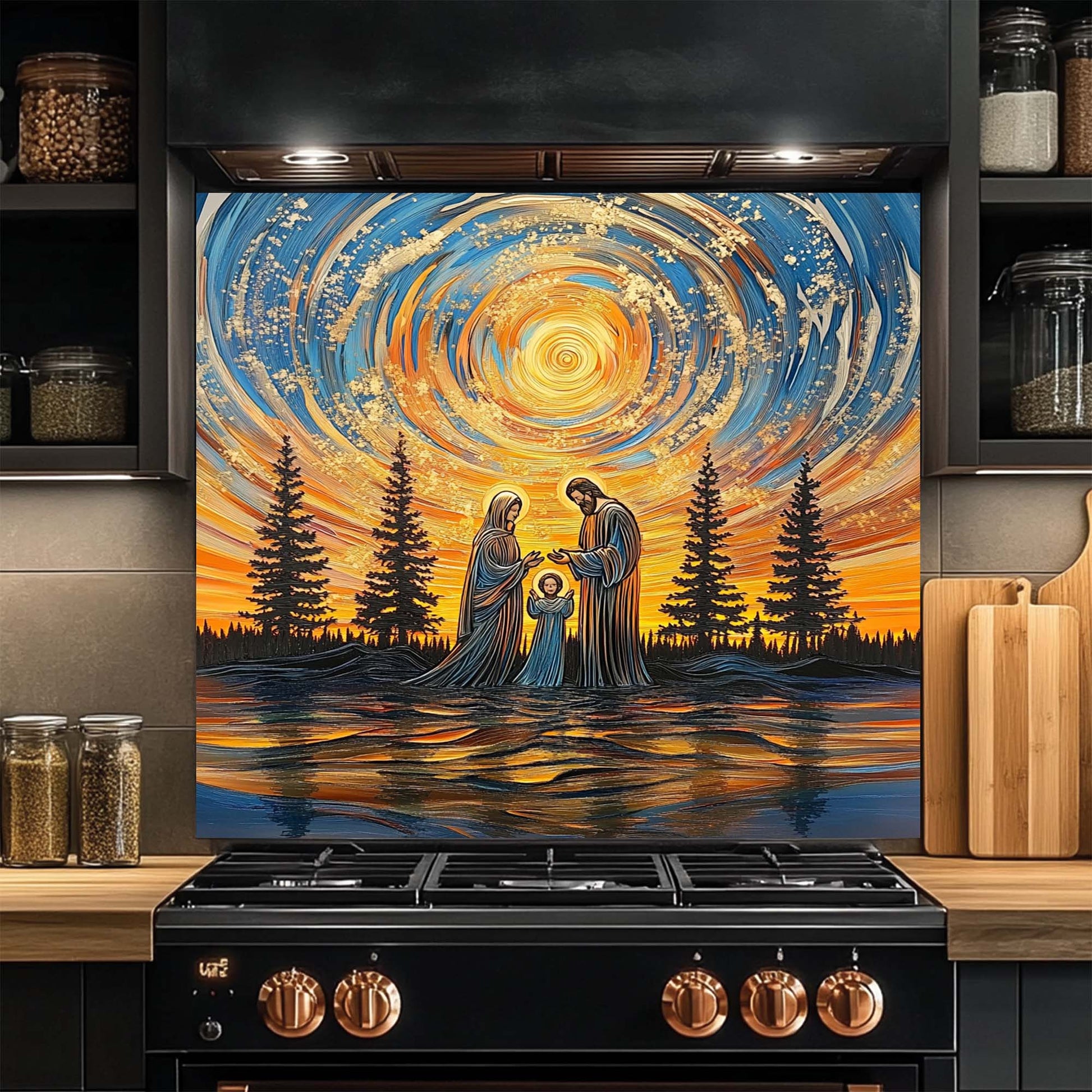 Decorative glass backsplash above a stove with a family scene in a forest setting.